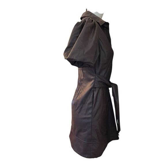 Toccin 6 Brown Faux Leather Shirt Dress Button Front Collared Mini Puff Slv - Picture 4 of 7